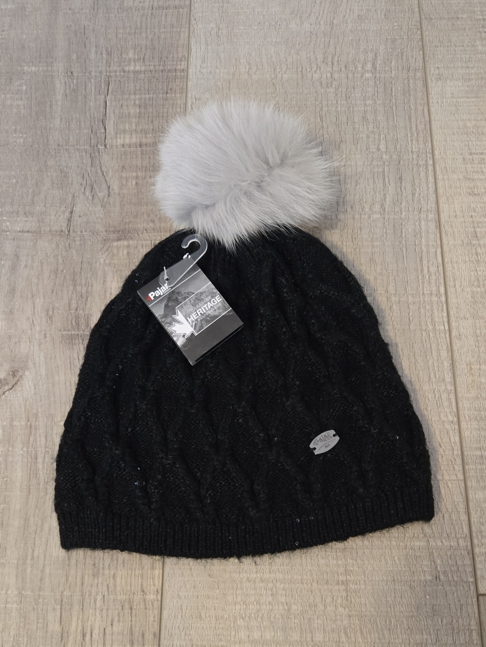 Pajar Black Cable Knit Beanie with Light Gray Fur Pom